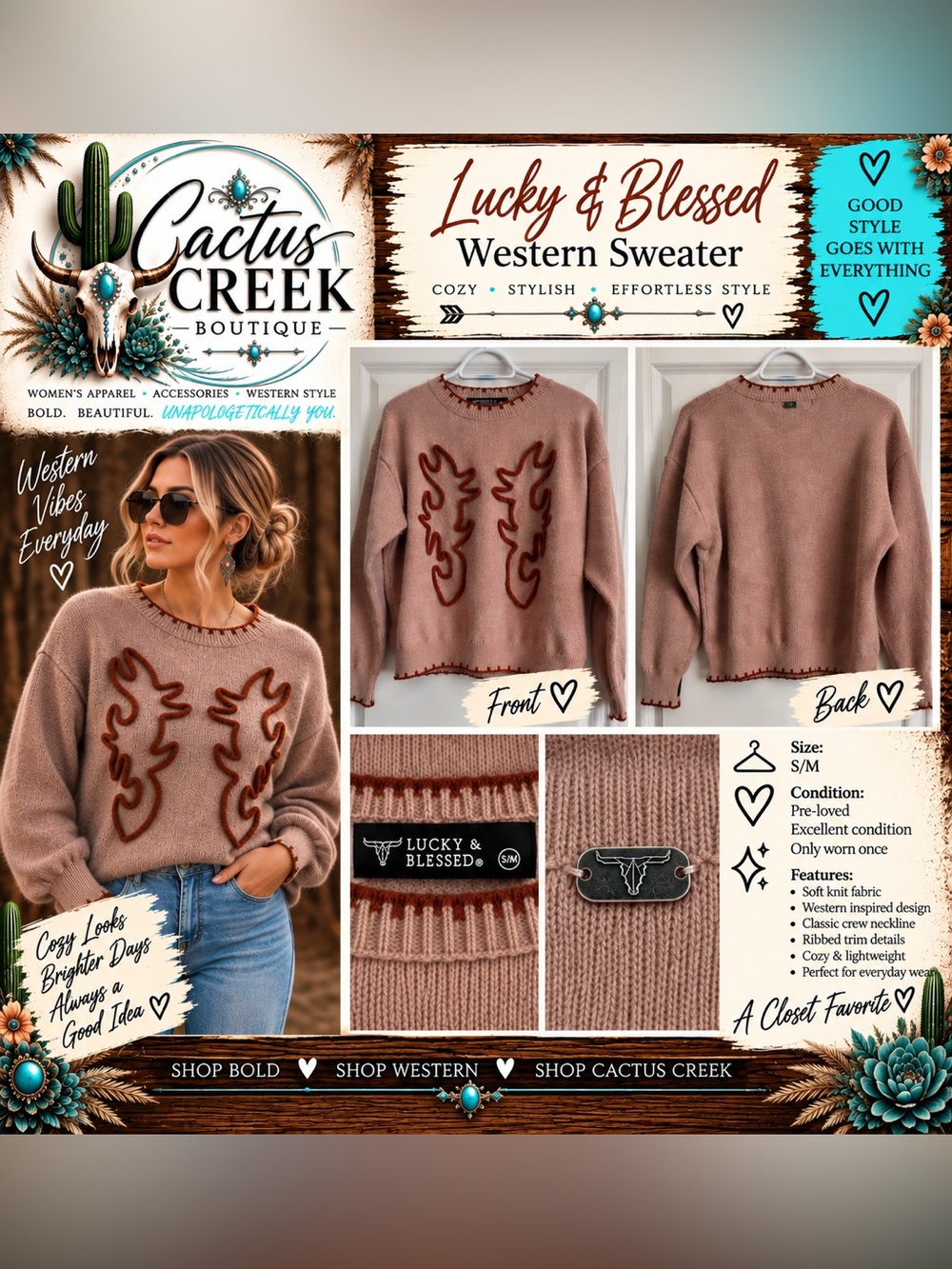 Lucky & Blessed Rose Taupe Western Crewneck Sweater